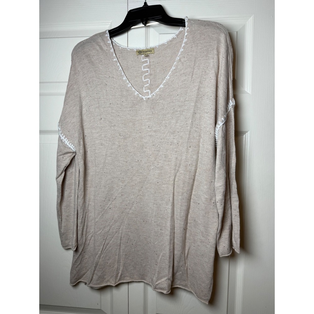 Democracy Womens Beige Speckled Whipstitch V-Neck Sweater Medium Soft Cozy Fall